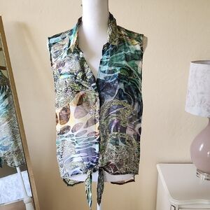Alberto Makali Button Down Sleeveless Blouse XL Designer Abstract